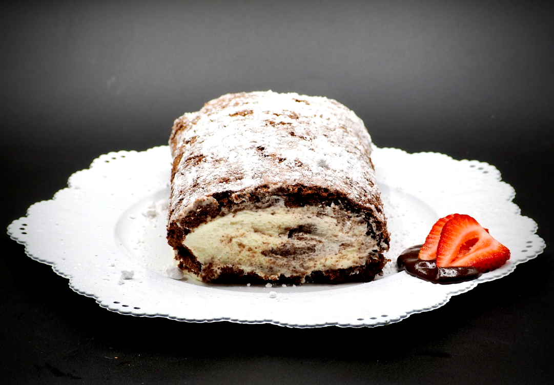 Chocolate Génoise Sponge Roll Cake with Ricotta Mascarpone Cream Filling