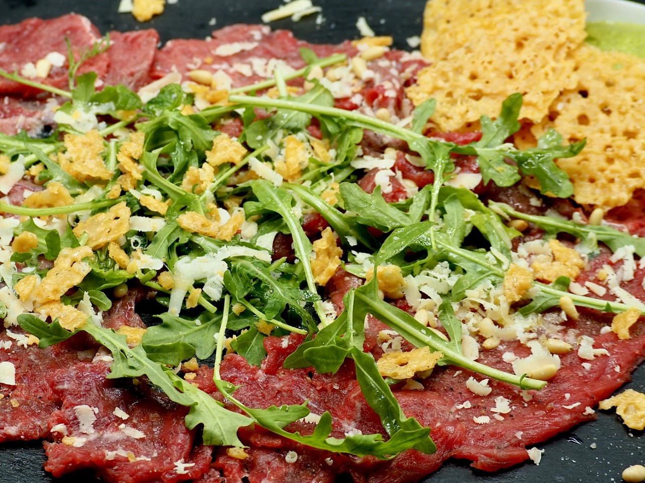 Beef Carpaccio with White Truffle Oil, and Parmesan Crisps