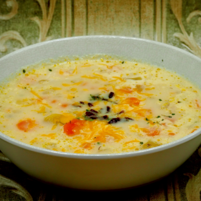 Countrry Potato Vegetable Soup with Bacon and Cheddar Cheese Toppings Allison Antalek cut2therecipe