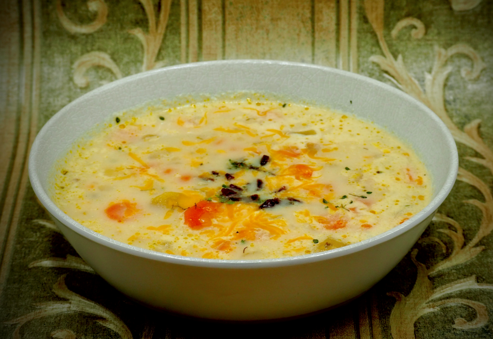 Country Potato Vegetable Soup with Bacon and Cheddar Cheese Toppings