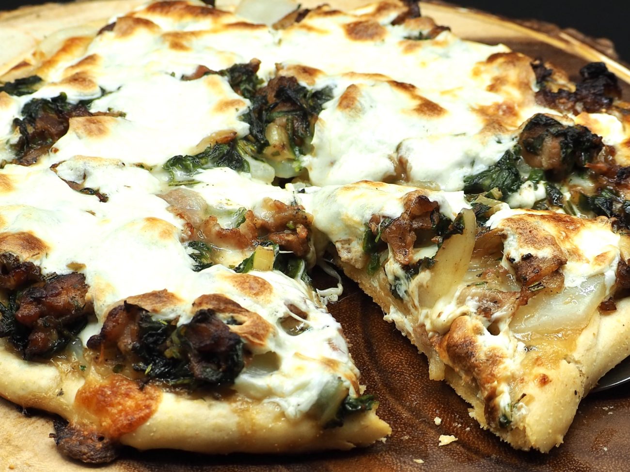 Rustic Potato, Shallot, Bacon and Swiss Chard Pizza – don’t judge the title until you taste it!!