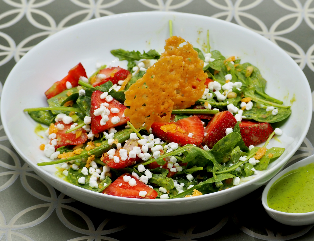 Strawberry Goat Cheese Arugula Salad with Parmesan Crisps and Lemon Basil Vinaigrette