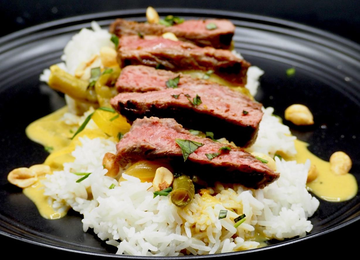 Thai Beef with Homemade Green Curry Coconut Peanut Sauce (How to Make Homemade Green Curry Sauce)