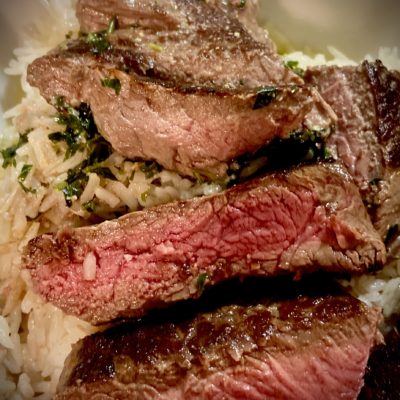 Juicy Sirloin Tip Steaks with Rice and low-fat Beurre Blanc sauce Allison Antalek cut2therecipe