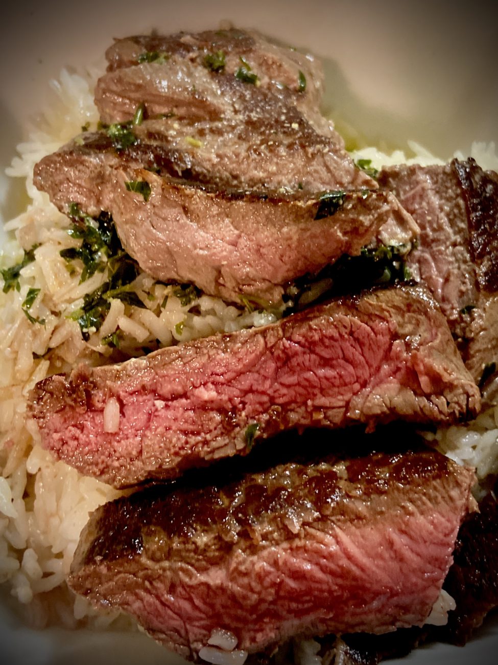 Juicy Beef Sirloin Tip Steaks with Rice and low-fat Beurre Blanc White Sauce