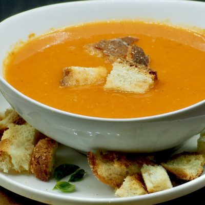 Tomato Basil Soup with homemade Parmesan Croutons Recipe Allison Antalek cut2therecipe