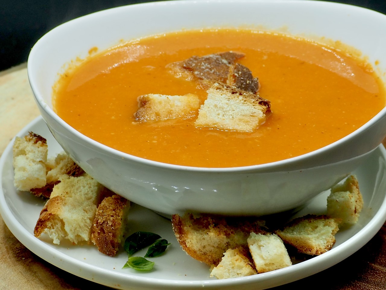 Tomato Basil Soup (with real tomatoes) and with Homemade Garlic Parmesan Croutons