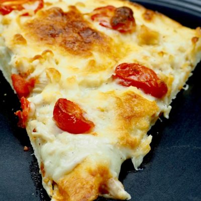 Slice White Chicken Pizza with Roasted Garlic Recipe Allison Antalek cut2therecipe