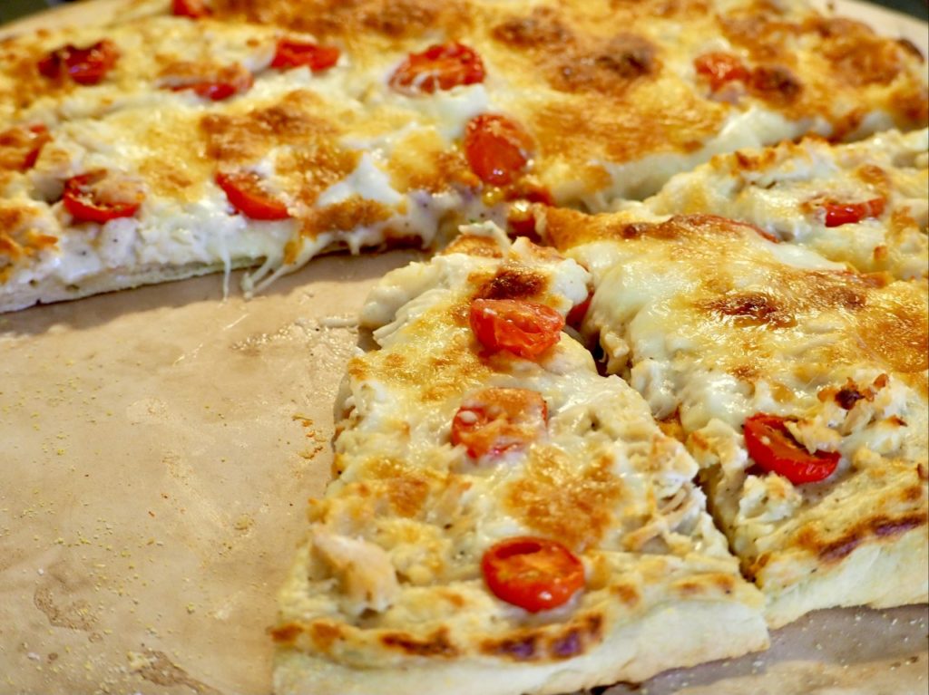 White Chicken Pizza with Roasted Garlic Recipe Allison Antalek cut2therecipe