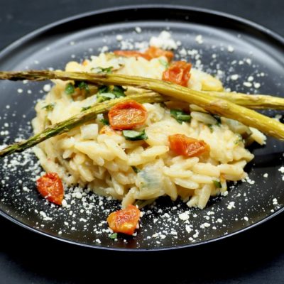Orzo with Baked Asperagus and Cherry Tomatoes Recipe Allison Antalek Cut2theRecipe