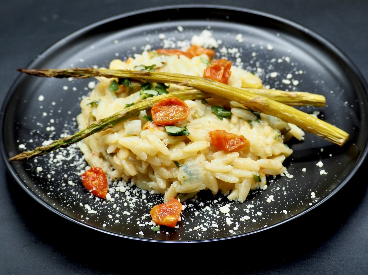 Stovetop Orzo Pasta with Roasted Green Asparagus and Cherry Tomatoes