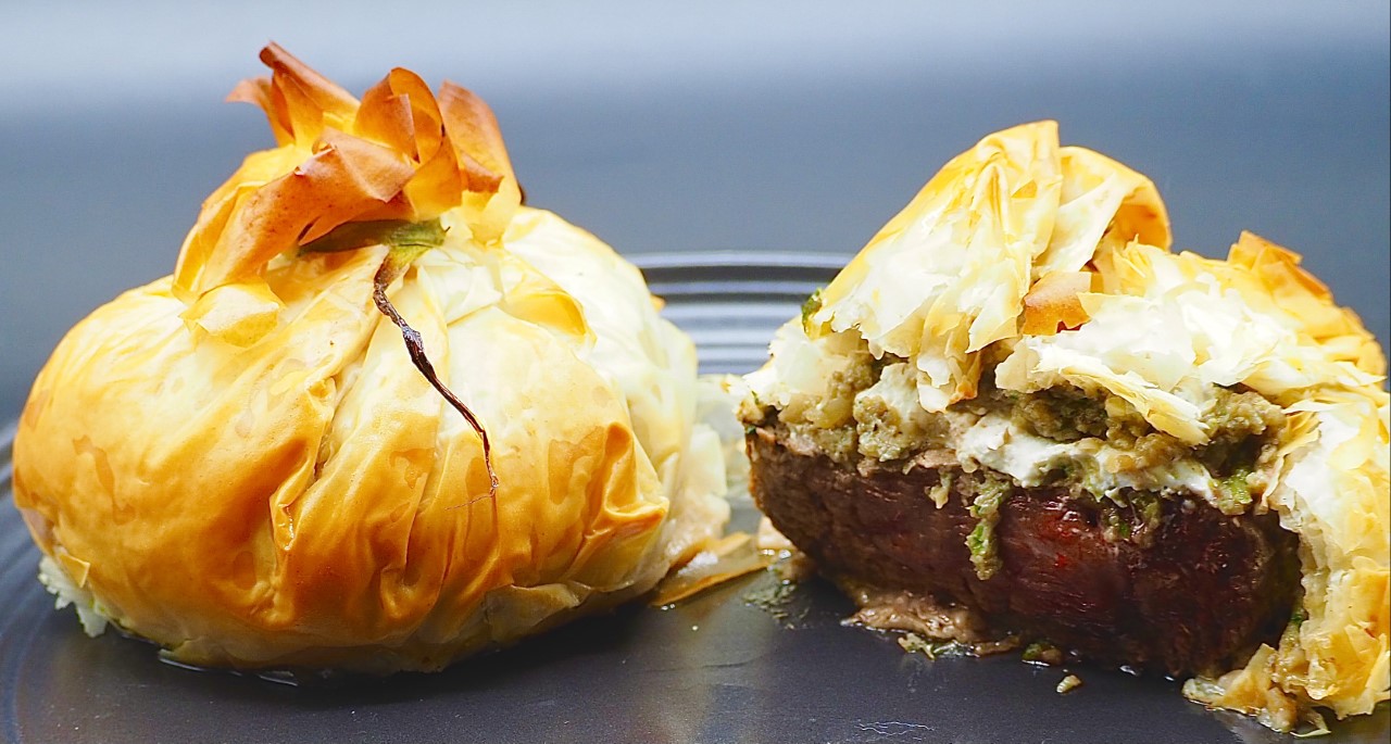 Filet Mignon en Croûte – Beef Tenderloin Croustades with Goat Cheese and Mushroom Filling Wrapped in Phyllo Dough