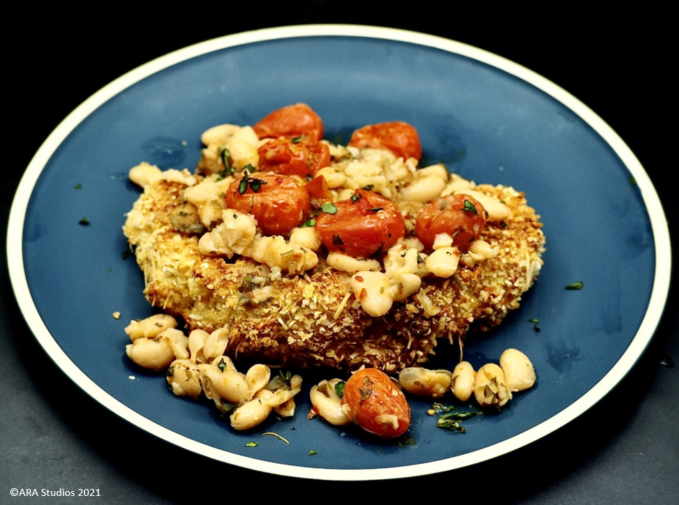 Parmesan-Crusted Cauliflower Steaks with White Beans and Tomatoes