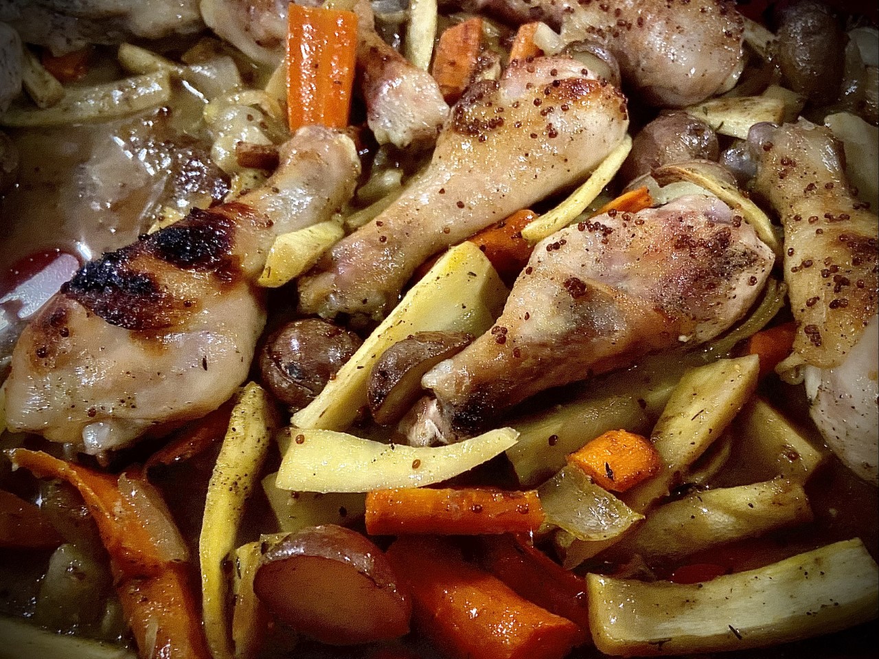 Baked Honey Mustard Chicken Drumsticks with Carrots and Parsnips