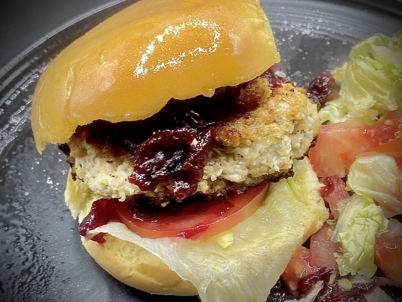 Chicken Burgers with Fresh Cranberry Sauce and Goat Cheese