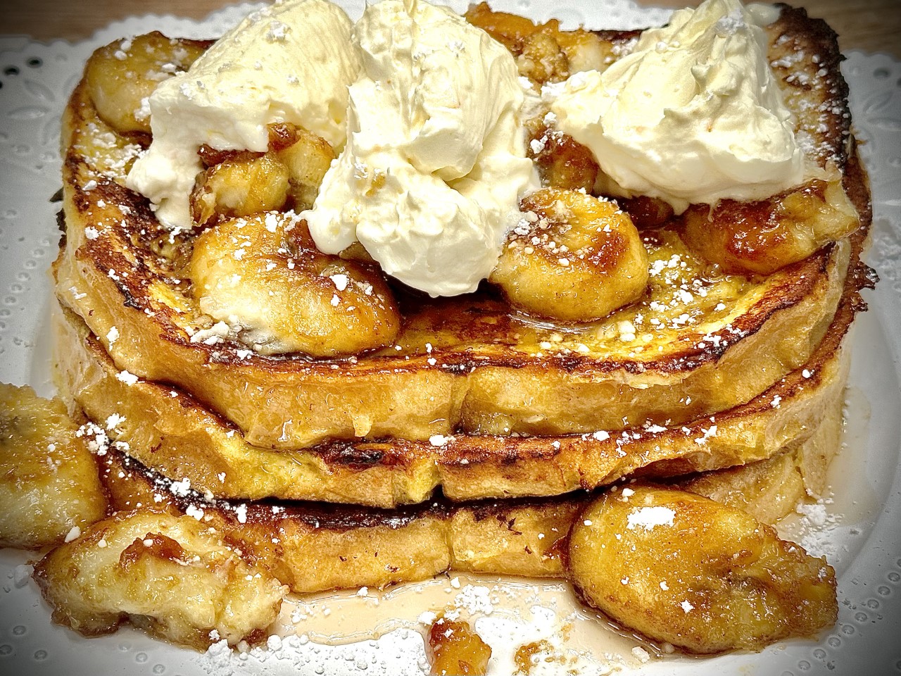 French Toast Bananas Foster style with Caramalized Bananas and Whipped Orange Cream Cheese