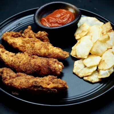 Copycat KFC Crispy Fried Chicken Fingers with Homemade Potato Chips Allison Antalek cut2therecipe