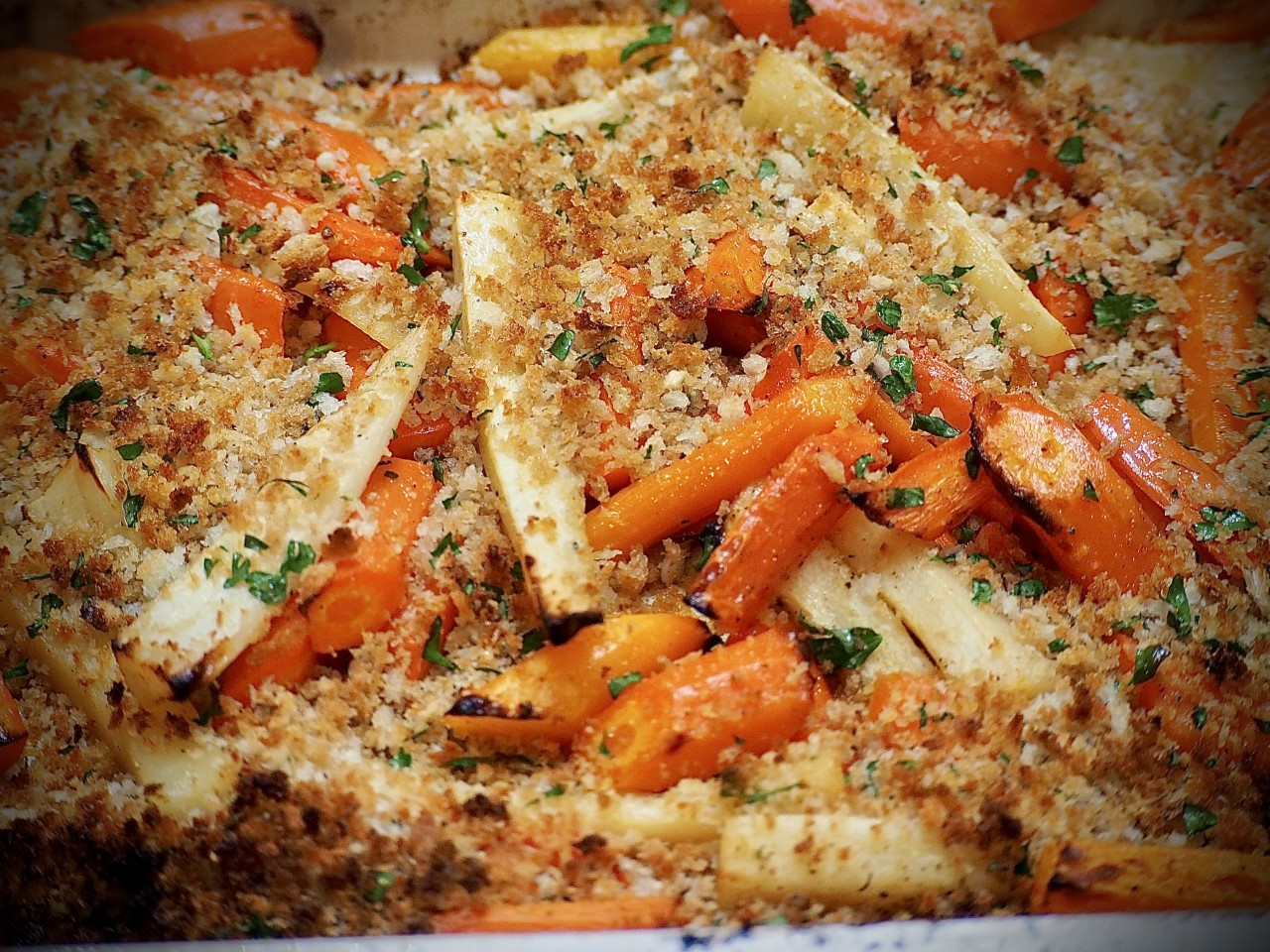 Roasted Carrots and Parsnips with Garlic Bread Crumb Topping