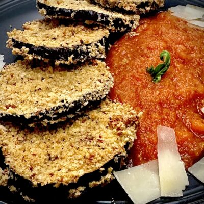 Crispy Airfried Air fryer Breaded Eggplant with Marinara Dipping Sauce Allison Antalek cut2therecipe