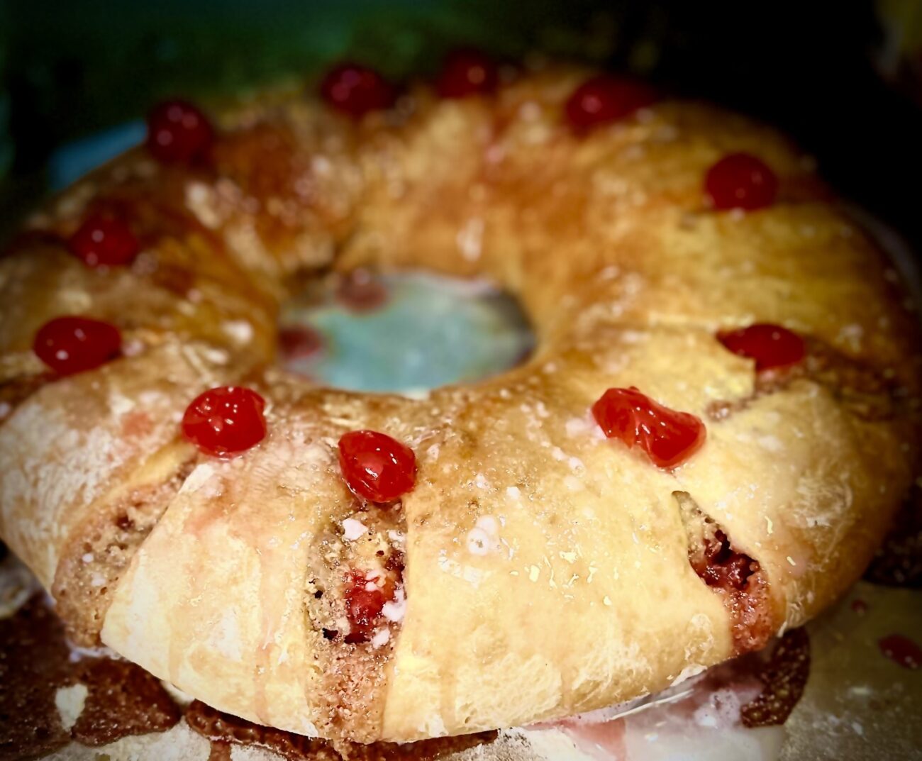 Cherry Almond Marzipan (Almond Paste) Crescent Roll Wreath Ring with Homemade Low-Fat Crescent Roll Dough