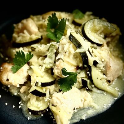 Thai Chicken with Green Curry Coconut Sauce and zucchini recipe allison antalek